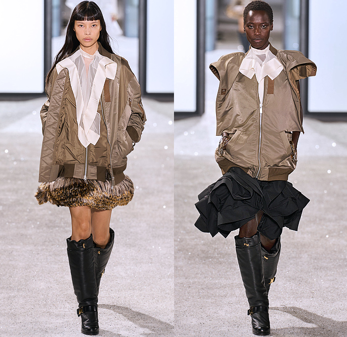 Sacai 2025 Spring Summer Womens Runway Collection - Paris Fashion Week PFW - Deconstructed Denim Jeans Patchwork Pockets Silk Sheer Nylon Military Army Surplus Fatigues Aviator Jacket Windbreaker Onesie Jumpsuit Coveralls Extra Hem Curls Trench Coat Knit Bib Speckled Cardigan Pinstripe Dropped Sleeves Micro Dress Leopard Plaid Check Sequins Butterfly Shoulders Motorcycle Biker Vest Peel Away Exploded Skirt Dovetail Fur Cargo Pants Wide Leg Shorts Knee High Boots