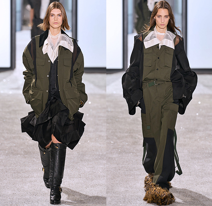 Sacai 2025 Spring Summer Womens Runway Collection - Paris Fashion Week PFW - Deconstructed Denim Jeans Patchwork Pockets Silk Sheer Nylon Military Army Surplus Fatigues Aviator Jacket Windbreaker Onesie Jumpsuit Coveralls Extra Hem Curls Trench Coat Knit Bib Speckled Cardigan Pinstripe Dropped Sleeves Micro Dress Leopard Plaid Check Sequins Butterfly Shoulders Motorcycle Biker Vest Peel Away Exploded Skirt Dovetail Fur Cargo Pants Wide Leg Shorts Knee High Boots