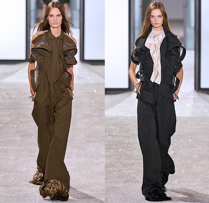 Sacai 2025 Spring Summer Womens Runway Collection - Paris Fashion Week PFW - Deconstructed Denim Jeans Patchwork Pockets Silk Sheer Nylon Military Army Surplus Fatigues Aviator Jacket Windbreaker Onesie Jumpsuit Coveralls Extra Hem Curls Trench Coat Knit Bib Speckled Cardigan Pinstripe Dropped Sleeves Micro Dress Leopard Plaid Check Sequins Butterfly Shoulders Motorcycle Biker Vest Peel Away Exploded Skirt Dovetail Fur Cargo Pants Wide Leg Shorts Knee High Boots