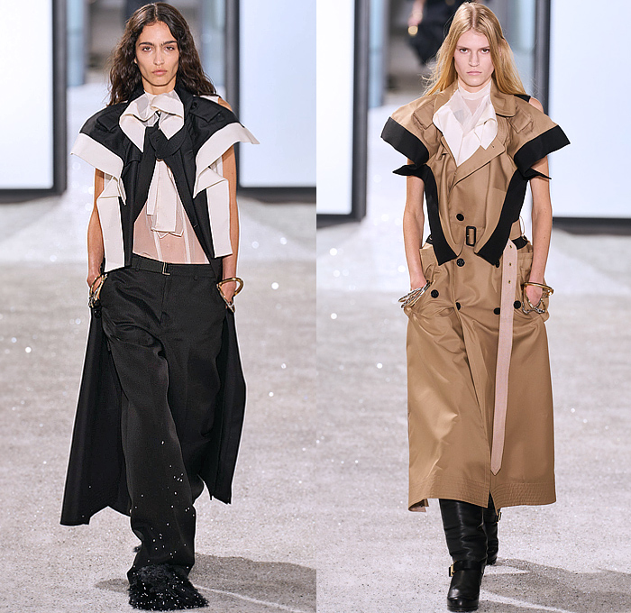 Sacai 2025 Spring Summer Womens Runway Collection - Paris Fashion Week PFW - Deconstructed Denim Jeans Patchwork Pockets Silk Sheer Nylon Military Army Surplus Fatigues Aviator Jacket Windbreaker Onesie Jumpsuit Coveralls Extra Hem Curls Trench Coat Knit Bib Speckled Cardigan Pinstripe Dropped Sleeves Micro Dress Leopard Plaid Check Sequins Butterfly Shoulders Motorcycle Biker Vest Peel Away Exploded Skirt Dovetail Fur Cargo Pants Wide Leg Shorts Knee High Boots