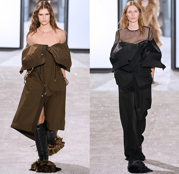 Sacai 2025 Spring Summer Womens Runway Collection - Paris Fashion Week PFW - Deconstructed Denim Jeans Patchwork Pockets Silk Sheer Nylon Military Army Surplus Fatigues Aviator Jacket Windbreaker Onesie Jumpsuit Coveralls Extra Hem Curls Trench Coat Knit Bib Speckled Cardigan Pinstripe Dropped Sleeves Micro Dress Leopard Plaid Check Sequins Butterfly Shoulders Motorcycle Biker Vest Peel Away Exploded Skirt Dovetail Fur Cargo Pants Wide Leg Shorts Knee High Boots