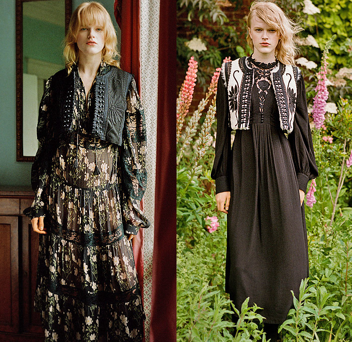 Sea New York 2025 Resort Cruise Pre-Spring Womens Lookbook - Denim Jeans Trench Coat Patchwork Knit Crochet Mesh Lace Embroidery Weave Birds Patches Decorative Art Flowers Floral Jacket Wide Leg Baggy Loose Quilted Puffer Paisley Prairie Peasant Dress Vest Beads Capelet Pellegrina Halterneck Pantsuit Blazer Tiered Ruffles Threads Fringes Boots Flats