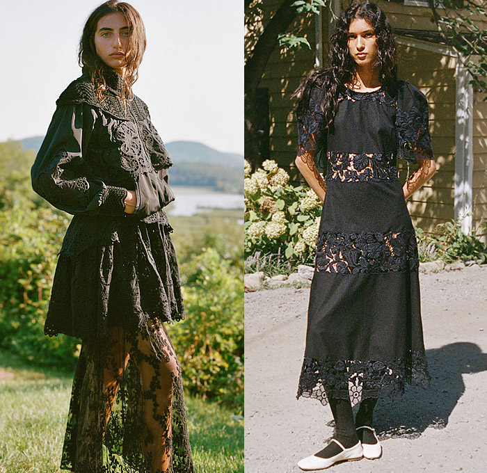 Sea New York 2025 Spring Summer Womens Lookbook - New York Fashion Week NYFW - Bohemian Boho Chic Capelet Pellegrina Cutout Lace Mesh Flowers Floral Denim Jeans Patchwork Destroyed Decorative Art Ornamental Necklace Birds Embroidery Quilted Jacket Blouse Vest Tied Knots Wide Leg Cargo Pants Sheer Tulle Organza Shift Dress RIbbed Pleats Prairie Dress Ruffles Outerwear Hood Poncho Coat Balloon Shorts Knit Crochet Gladiators Flats Ballet Shoes Mary Janes