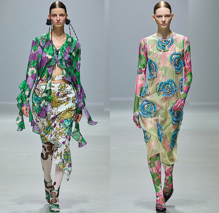 Shuting Qiu 2025 Spring Summer Womens Runway Collection - Paris Fashion Week PFW - The Palace Where Venus Descends - Trompe L'oeil Flowers Floral Lace Embroidery Blouse Sparkly Geometric Shards Sheer Tulle Ruffles Bedazzled Sequins Onesie Jumpsuit Unitard Dress Noodle Strap Stripes Crop Top Midriff Polka Dots Pencil Skirt Leggings Tights Poufy Shoulders Mesh Panels Blazer Jacket Mullet Hem Frayed Raw Hem Fringes Gold Knot Bandage Opera Gloves Head Scarf Clogs Boots Pumps