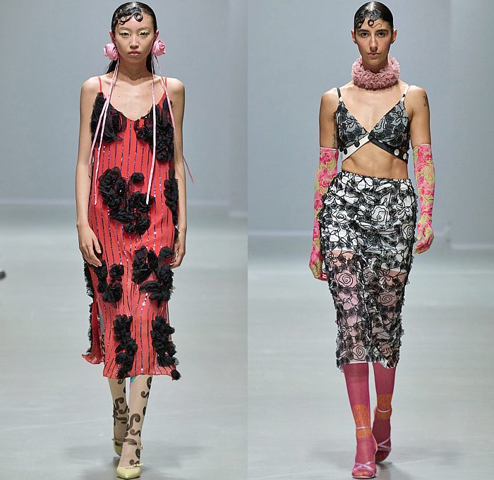 Shuting Qiu 2025 Spring Summer Womens Runway Collection - Paris Fashion Week PFW - The Palace Where Venus Descends - Trompe L'oeil Flowers Floral Lace Embroidery Blouse Sparkly Geometric Shards Sheer Tulle Ruffles Bedazzled Sequins Onesie Jumpsuit Unitard Dress Noodle Strap Stripes Crop Top Midriff Polka Dots Pencil Skirt Leggings Tights Poufy Shoulders Mesh Panels Blazer Jacket Mullet Hem Frayed Raw Hem Fringes Gold Knot Bandage Opera Gloves Head Scarf Clogs Boots Pumps