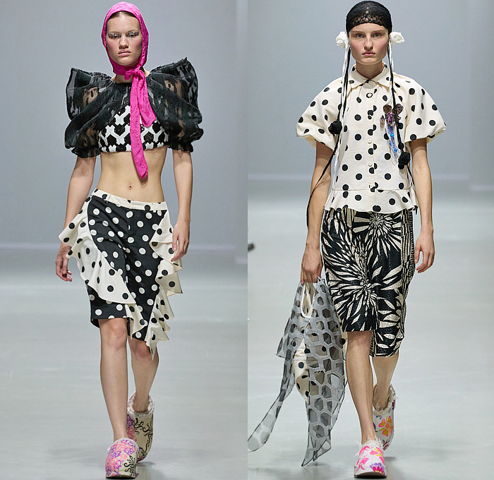 Shuting Qiu 2025 Spring Summer Womens Runway Collection - Paris Fashion Week PFW - The Palace Where Venus Descends - Trompe L'oeil Flowers Floral Lace Embroidery Blouse Sparkly Geometric Shards Sheer Tulle Ruffles Bedazzled Sequins Onesie Jumpsuit Unitard Dress Noodle Strap Stripes Crop Top Midriff Polka Dots Pencil Skirt Leggings Tights Poufy Shoulders Mesh Panels Blazer Jacket Mullet Hem Frayed Raw Hem Fringes Gold Knot Bandage Opera Gloves Head Scarf Clogs Boots Pumps