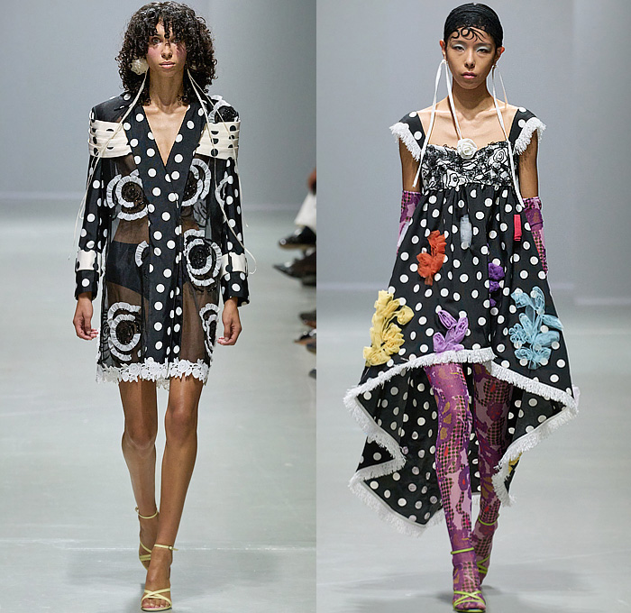 Shuting Qiu 2025 Spring Summer Womens Runway Collection - Paris Fashion Week PFW - The Palace Where Venus Descends - Trompe L'oeil Flowers Floral Lace Embroidery Blouse Sparkly Geometric Shards Sheer Tulle Ruffles Bedazzled Sequins Onesie Jumpsuit Unitard Dress Noodle Strap Stripes Crop Top Midriff Polka Dots Pencil Skirt Leggings Tights Poufy Shoulders Mesh Panels Blazer Jacket Mullet Hem Frayed Raw Hem Fringes Gold Knot Bandage Opera Gloves Head Scarf Clogs Boots Pumps