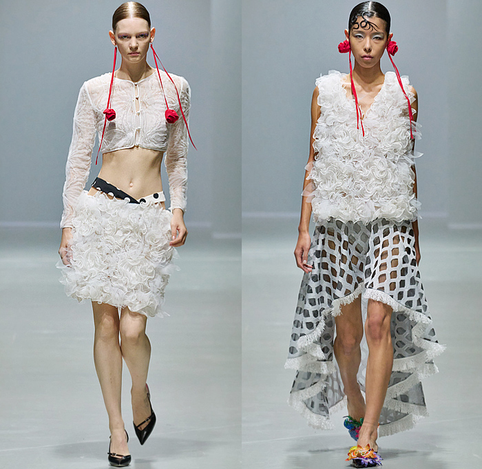 Shuting Qiu 2025 Spring Summer Womens Runway Collection - Paris Fashion Week PFW - The Palace Where Venus Descends - Trompe L'oeil Flowers Floral Lace Embroidery Blouse Sparkly Geometric Shards Sheer Tulle Ruffles Bedazzled Sequins Onesie Jumpsuit Unitard Dress Noodle Strap Stripes Crop Top Midriff Polka Dots Pencil Skirt Leggings Tights Poufy Shoulders Mesh Panels Blazer Jacket Mullet Hem Frayed Raw Hem Fringes Gold Knot Bandage Opera Gloves Head Scarf Clogs Boots Pumps