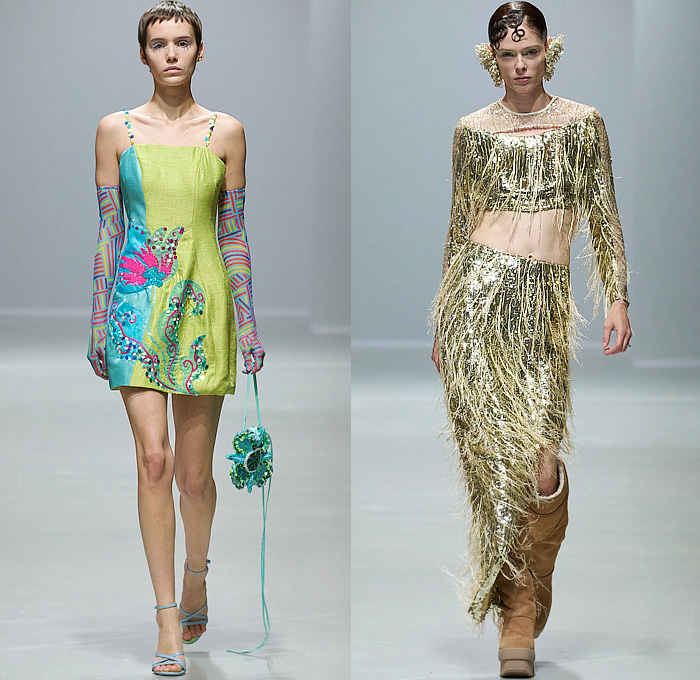 Shuting Qiu 2025 Spring Summer Womens Runway Collection - Paris Fashion Week PFW - The Palace Where Venus Descends - Trompe L'oeil Flowers Floral Lace Embroidery Blouse Sparkly Geometric Shards Sheer Tulle Ruffles Bedazzled Sequins Onesie Jumpsuit Unitard Dress Noodle Strap Stripes Crop Top Midriff Polka Dots Pencil Skirt Leggings Tights Poufy Shoulders Mesh Panels Blazer Jacket Mullet Hem Frayed Raw Hem Fringes Gold Knot Bandage Opera Gloves Head Scarf Clogs Boots Pumps