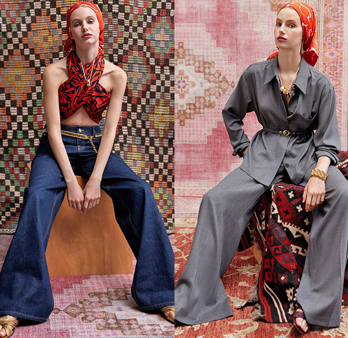 St. John 2025 Spring Summer Womens Lookbook - New York Fashion Week NYFW - 1960s Sixties Head Scarf Wrap Cross Halterneck Crop Top Midriff Blouse Long Sleeve Bandanna Top Strapless Accordion Pleats Skirt Flowers Floral Geometric Robe Kimono Lace Embroidery Camisole Slip Dress Tweed Knit Pantsuit Blazer Jacket Brocade Embroidery Decorative Art Sparkle Sequins Bedazzled Shorts Miniskirt Denim Jeans Wide Leg Flare Palazzo Pants