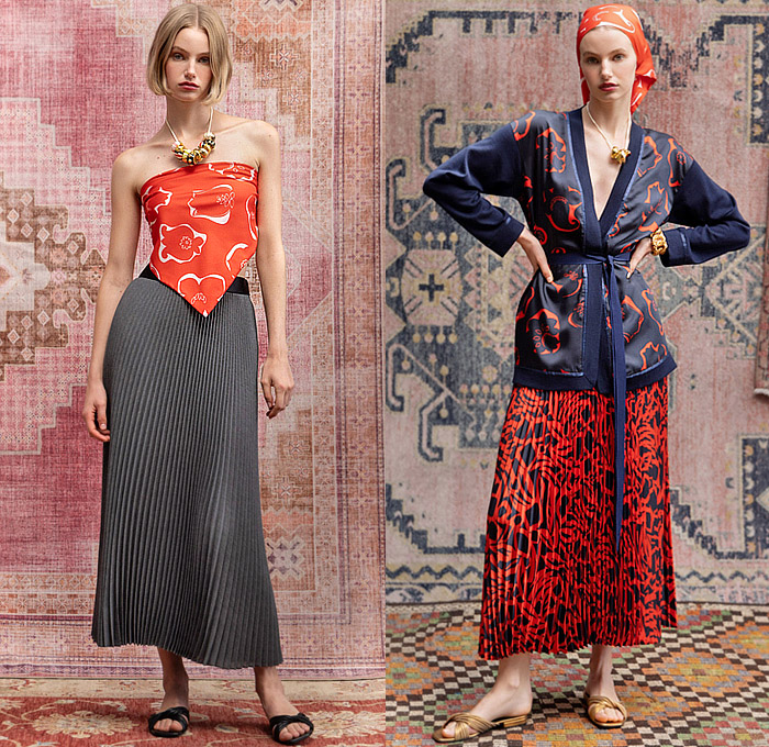 St. John 2025 Spring Summer Womens Lookbook - New York Fashion Week NYFW - 1960s Sixties Head Scarf Wrap Cross Halterneck Crop Top Midriff Blouse Long Sleeve Bandanna Top Strapless Accordion Pleats Skirt Flowers Floral Geometric Robe Kimono Lace Embroidery Camisole Slip Dress Tweed Knit Pantsuit Blazer Jacket Brocade Embroidery Decorative Art Sparkle Sequins Bedazzled Shorts Miniskirt Denim Jeans Wide Leg Flare Palazzo Pants