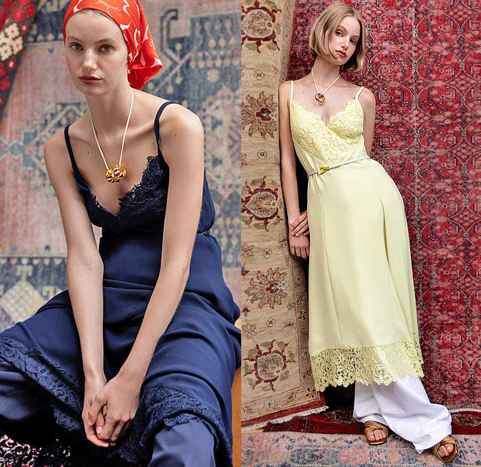 St. John 2025 Spring Summer Womens Lookbook - New York Fashion Week NYFW - 1960s Sixties Head Scarf Wrap Cross Halterneck Crop Top Midriff Blouse Long Sleeve Bandanna Top Strapless Accordion Pleats Skirt Flowers Floral Geometric Robe Kimono Lace Embroidery Camisole Slip Dress Tweed Knit Pantsuit Blazer Jacket Brocade Embroidery Decorative Art Sparkle Sequins Bedazzled Shorts Miniskirt Denim Jeans Wide Leg Flare Palazzo Pants