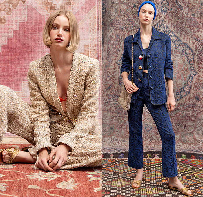 St. John 2025 Spring Summer Womens Lookbook - New York Fashion Week NYFW - 1960s Sixties Head Scarf Wrap Cross Halterneck Crop Top Midriff Blouse Long Sleeve Bandanna Top Strapless Accordion Pleats Skirt Flowers Floral Geometric Robe Kimono Lace Embroidery Camisole Slip Dress Tweed Knit Pantsuit Blazer Jacket Brocade Embroidery Decorative Art Sparkle Sequins Bedazzled Shorts Miniskirt Denim Jeans Wide Leg Flare Palazzo Pants