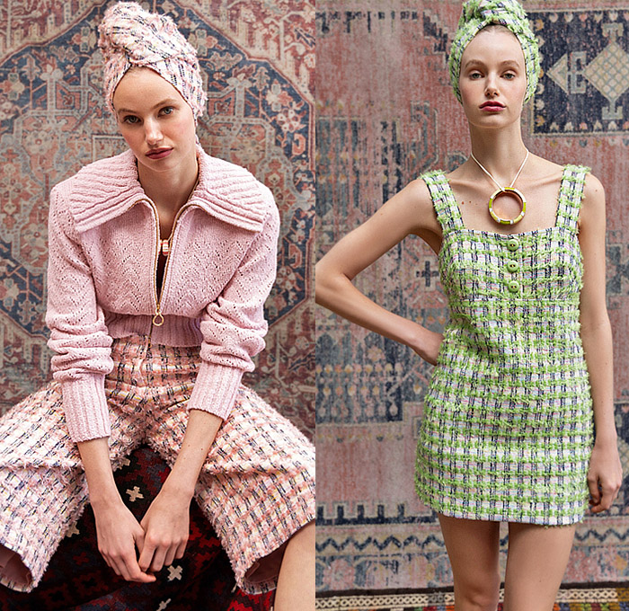 St. John 2025 Spring Summer Womens Lookbook - New York Fashion Week NYFW - 1960s Sixties Head Scarf Wrap Cross Halterneck Crop Top Midriff Blouse Long Sleeve Bandanna Top Strapless Accordion Pleats Skirt Flowers Floral Geometric Robe Kimono Lace Embroidery Camisole Slip Dress Tweed Knit Pantsuit Blazer Jacket Brocade Embroidery Decorative Art Sparkle Sequins Bedazzled Shorts Miniskirt Denim Jeans Wide Leg Flare Palazzo Pants