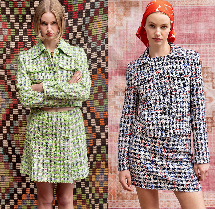 St. John 2025 Spring Summer Womens Lookbook - New York Fashion Week NYFW - 1960s Sixties Head Scarf Wrap Cross Halterneck Crop Top Midriff Blouse Long Sleeve Bandanna Top Strapless Accordion Pleats Skirt Flowers Floral Geometric Robe Kimono Lace Embroidery Camisole Slip Dress Tweed Knit Pantsuit Blazer Jacket Brocade Embroidery Decorative Art Sparkle Sequins Bedazzled Shorts Miniskirt Denim Jeans Wide Leg Flare Palazzo Pants