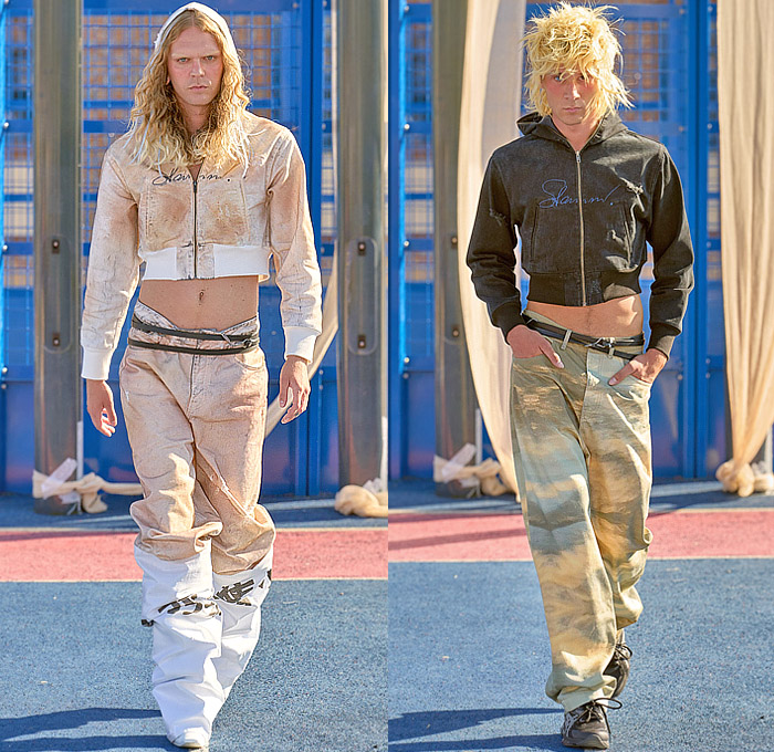 Stamm 2025 Spring Summer Mens Runway Collection - Copenhagen Fashion Week Denmark CPHFW København - Best Wishes - Knit Onesie Crop Top Midriff Hoodie Sweatshirt Denim Jeans Acid Wash Bleached Clouds Sky Print Oversized Outerwear Coat Anorak Pockets Trackwear Jacket Track Pants Plaid Check Cinch Baggy Loose Leg Gaiters Sneakers