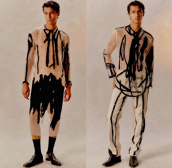 Steve O Smith 2025 Spring Summer Mens Lookbook - London Fashion Week LFW - Hand-Drawn Drawings Sheer Tulle Organza Caftan Kaftan Long Sleeve Shirt Frayed Raw Hem Suit Blazer Outerwear Coat