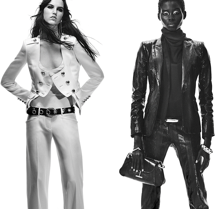 Tom Ford 2025 Spring Summer Womens Lookbook - Milano Moda Donna Milan Fashion Week Italy - Haider Ackermann - Pinstripe Blazer Pantsuit Blouse Sheer Tulle Organza Scarf Marching Band Military Jacket Leather Bandeau Crop Top Midriff Maxi Dress Gown Flapper Chain Draped Hanging Sleeve Bedazzled Sequins Scales Paillettes Metal Trinkets Fringes Mesh One Shoulder Hotpants Shorts Knit Miniskirt Clutch Handbag