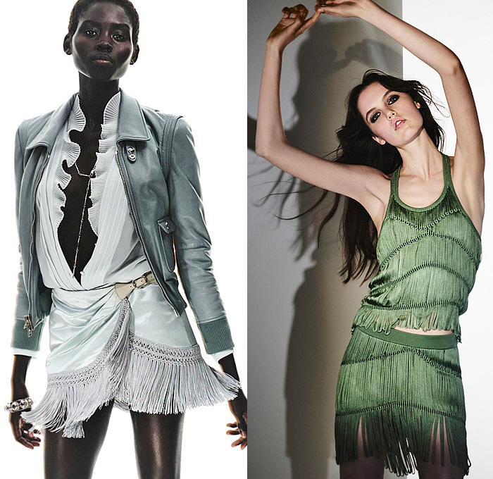 Tom Ford 2025 Spring Summer Womens Lookbook - Milano Moda Donna Milan Fashion Week Italy - Haider Ackermann - Pinstripe Blazer Pantsuit Blouse Sheer Tulle Organza Scarf Marching Band Military Jacket Leather Bandeau Crop Top Midriff Maxi Dress Gown Flapper Chain Draped Hanging Sleeve Bedazzled Sequins Scales Paillettes Metal Trinkets Fringes Mesh One Shoulder Hotpants Shorts Knit Miniskirt Clutch Handbag