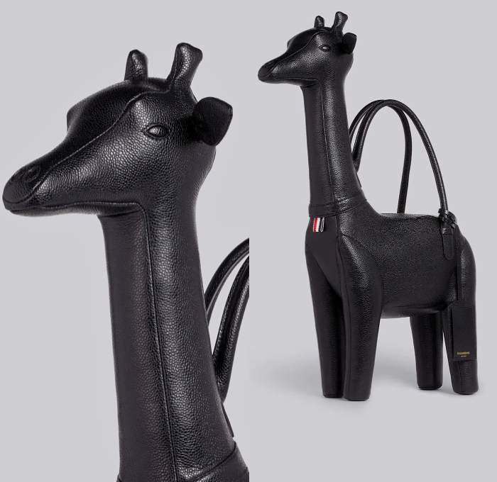 Thom Browne Animal Icons Black Pebbled Calfskin Leather Bear Cheetah Giraffe Shape Handbag - Signature Grosgrain Loop Tab Jungle Safari Inspiration Bags 2020-2021 Fall Autumn Winter Womens Mens Collection Accessories - Quirky Fashion Finds by Denim Jeans Observer