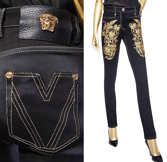 Versace Baroque Gold Embroidered and Denim-Jersey Jeans